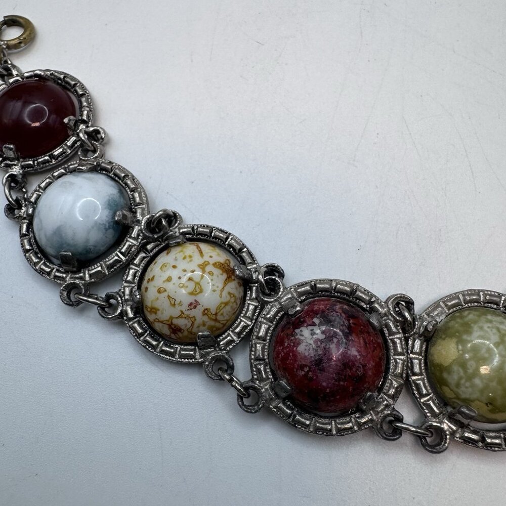 Vintage Large Scarab Gem Stone Double Link Bracelet Silver Tone Unsigned Adjust - Picture 10 of 12